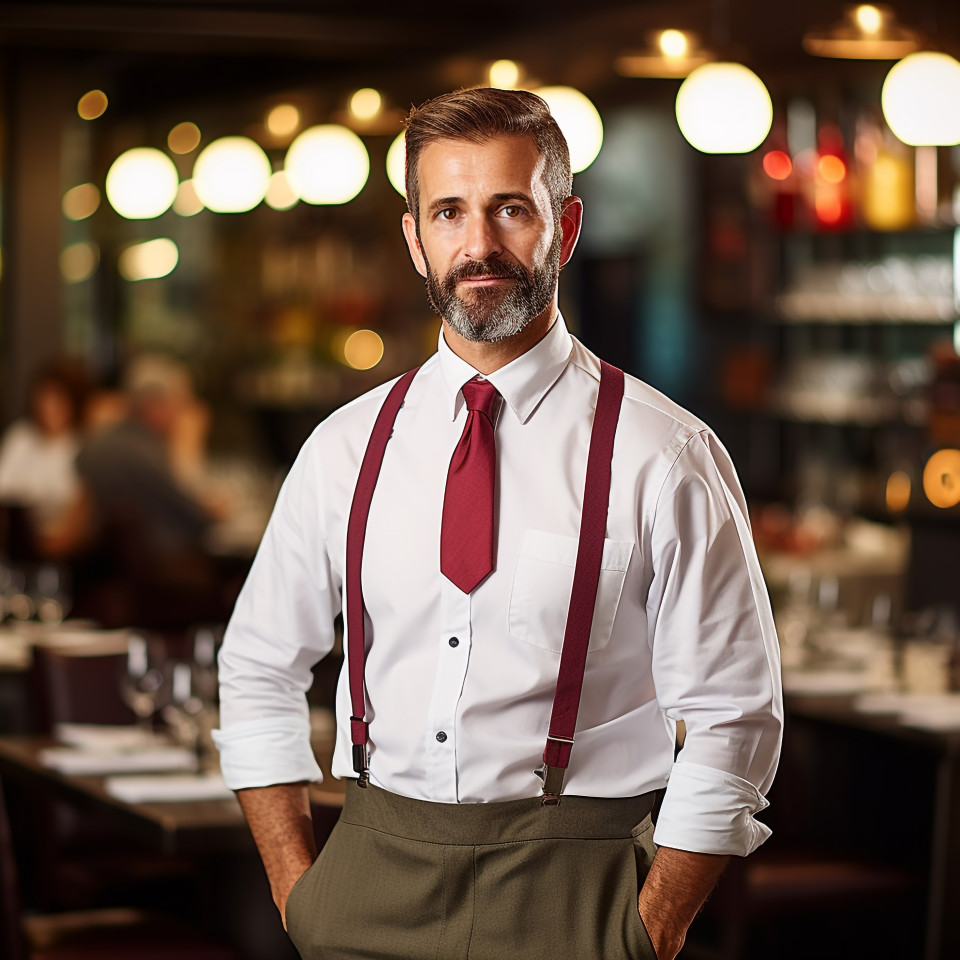 Assured restaurant manager overseeing operations in a bustling environment  a blurred background