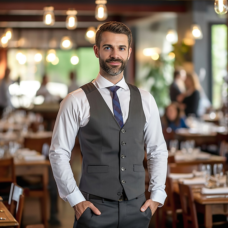 Assured restaurant manager overseeing operations in a bustling environment  a blurred background