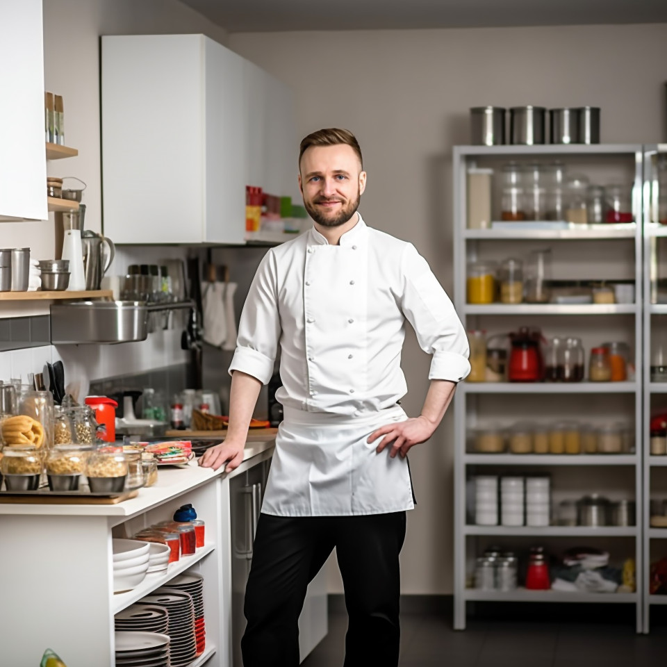 Skilled kitchen manager overseeing operations with a blurred background