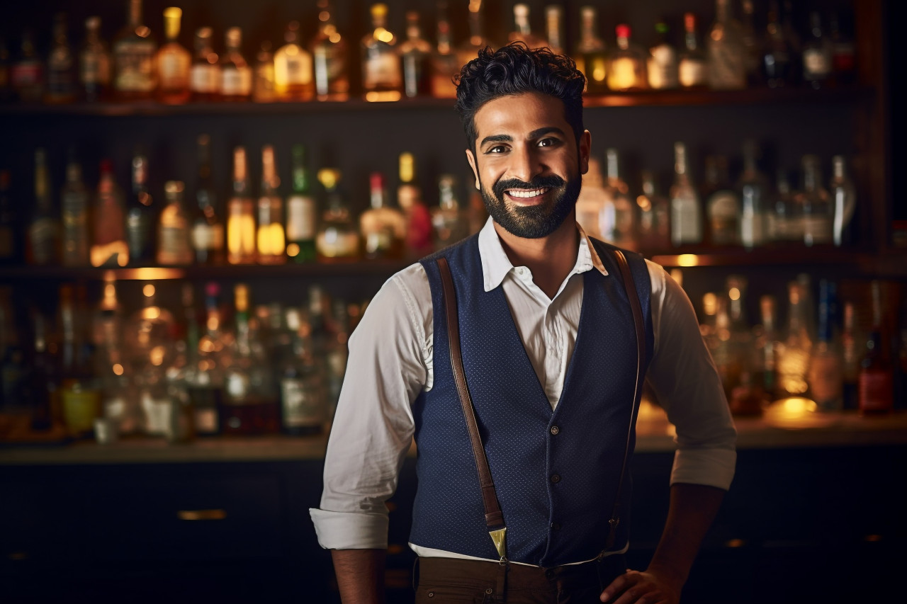 Skilled indian bartender mixing drinks with a smile a blurred background