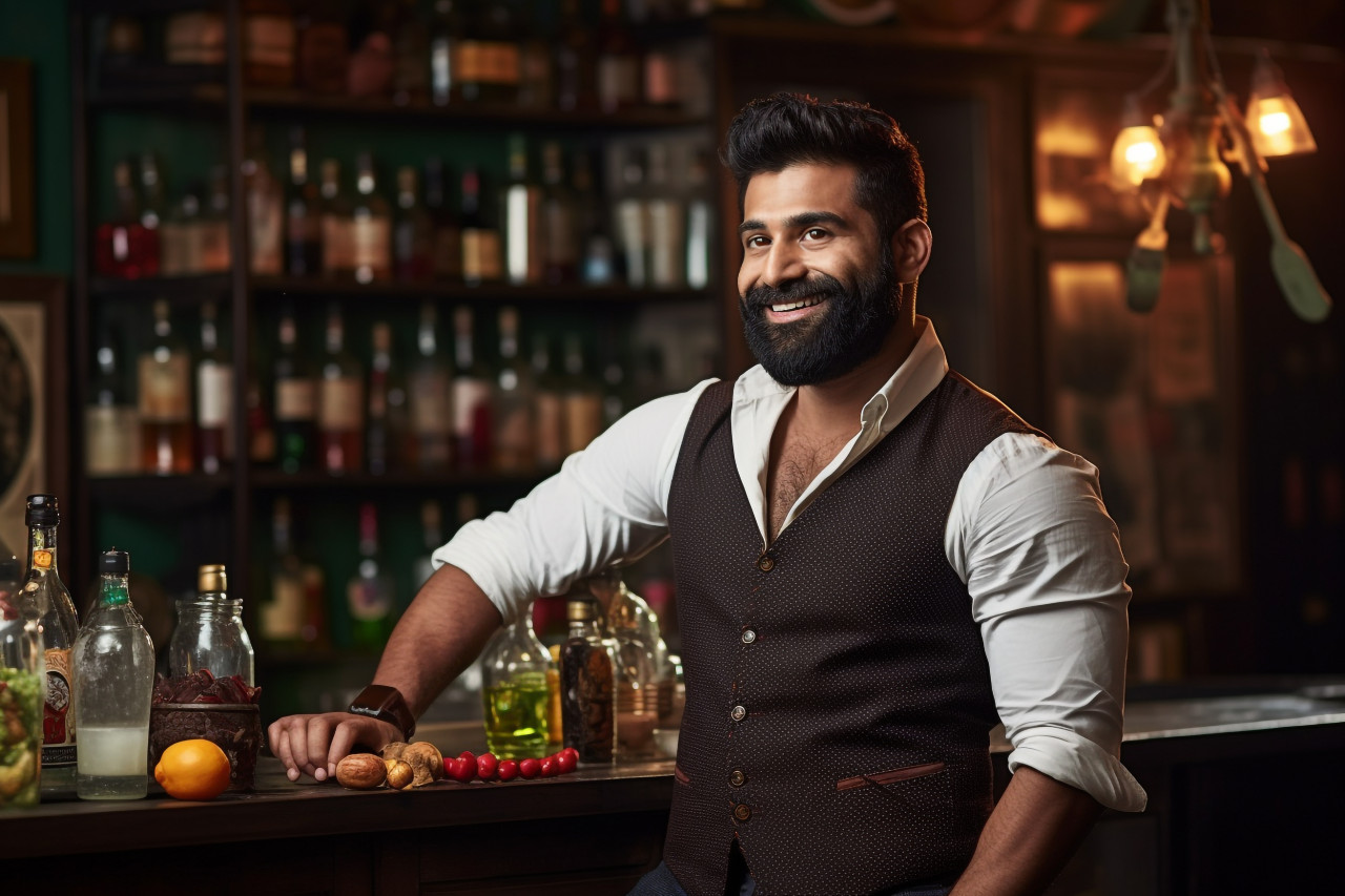 Skilled indian bartender mixing drinks with a smile a blurred background