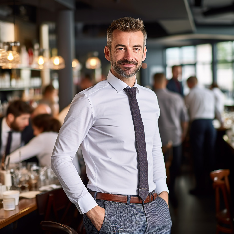 Assured restaurant manager overseeing operations in a bustling environment  a blurred background