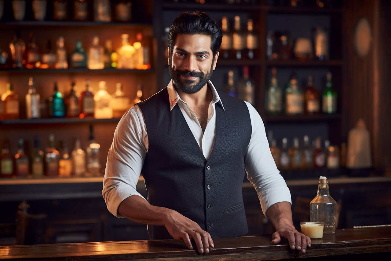 Skilled indian bartender mixing drinks with a smile a blurred background