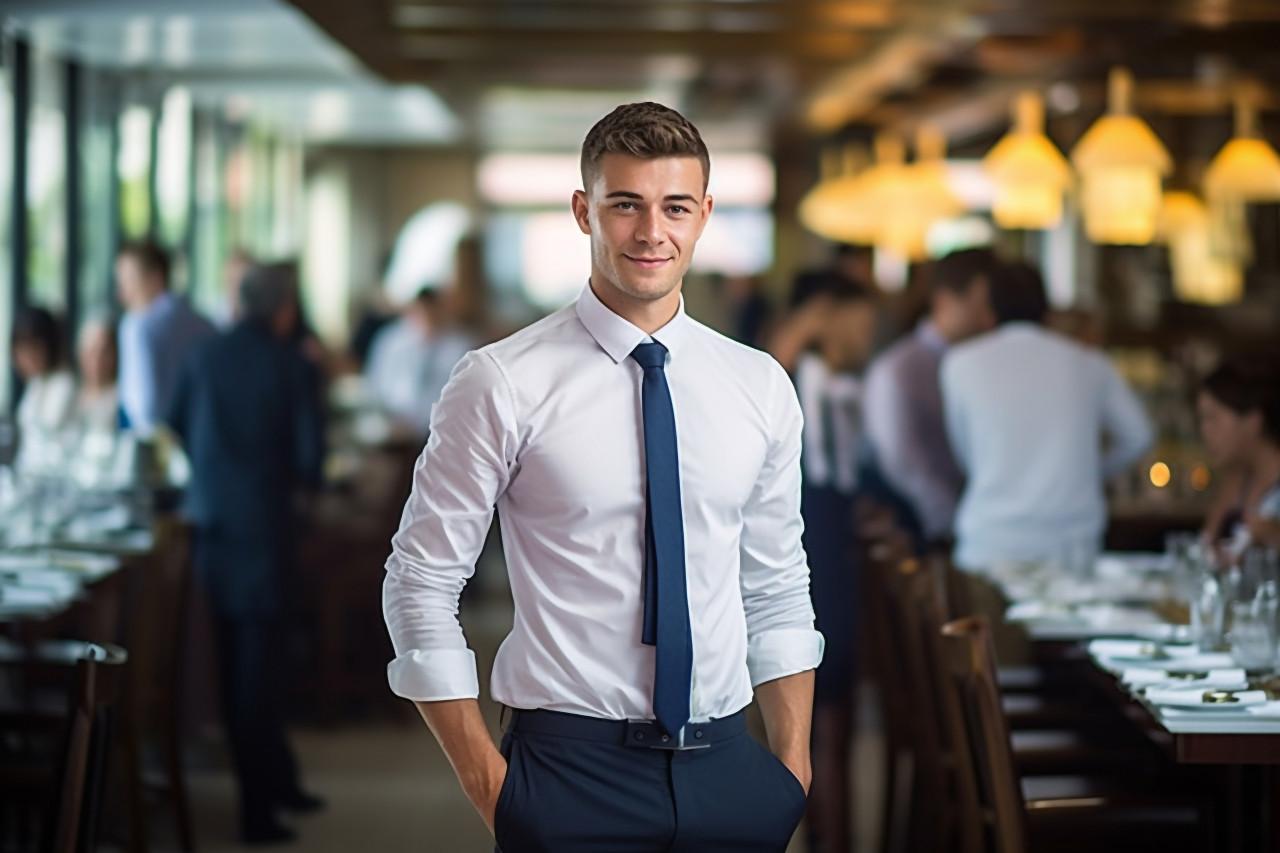 Assured restaurant manager overseeing operations in a bustling environment  a blurred background