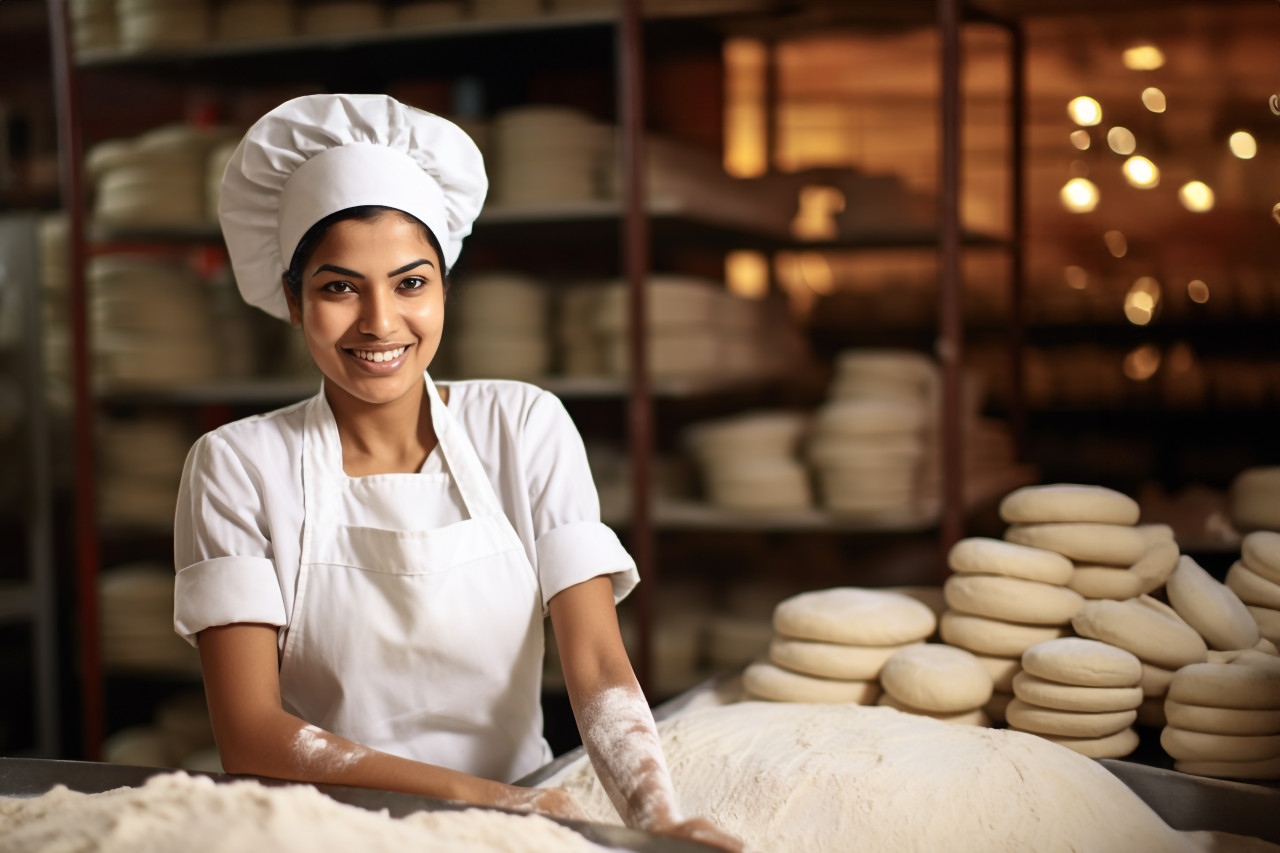 Skilled indian woman baker kneads dough in her kitchen a blurred background