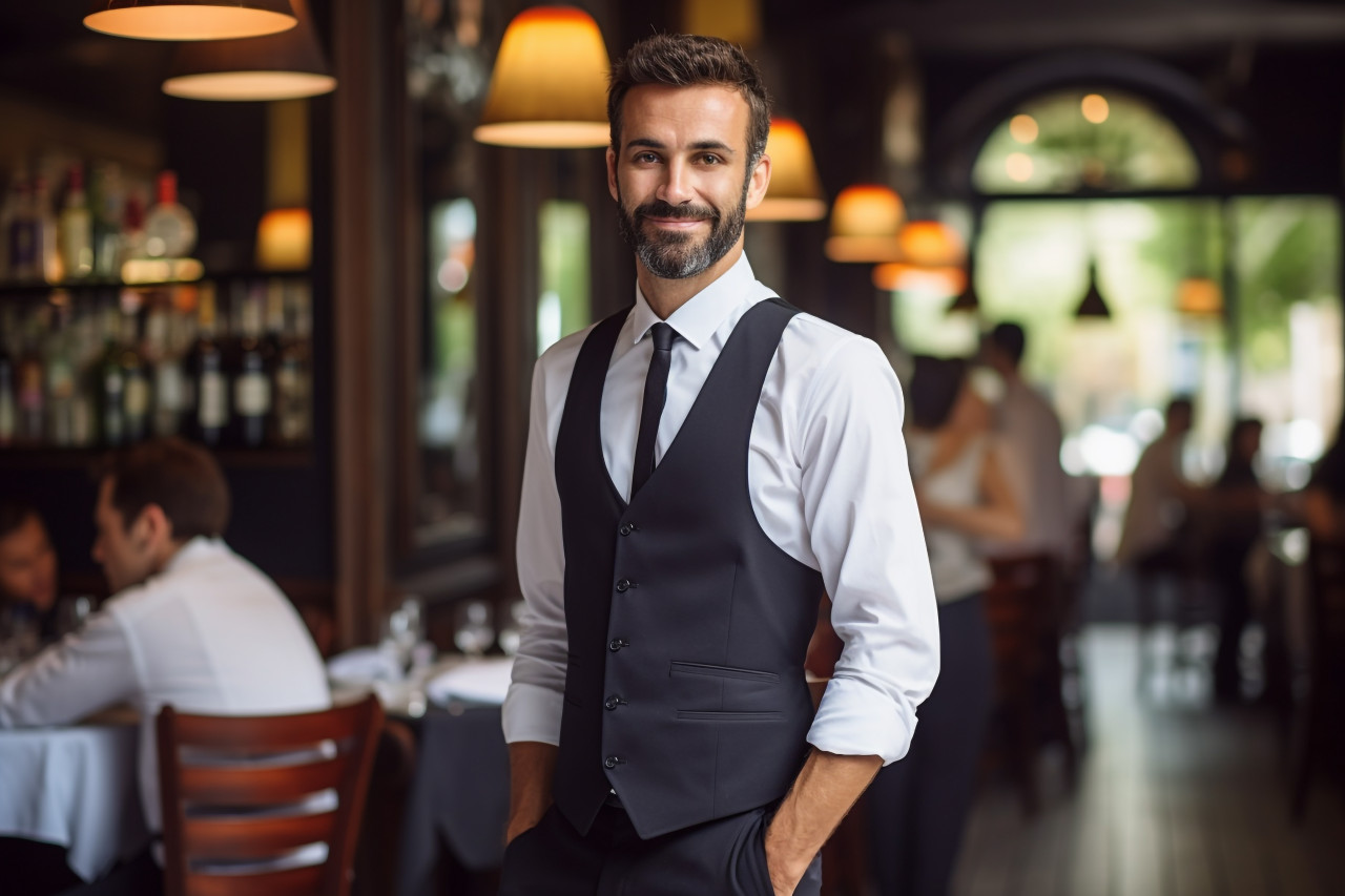 Assured restaurant manager overseeing operations in a bustling environment  a blurred background