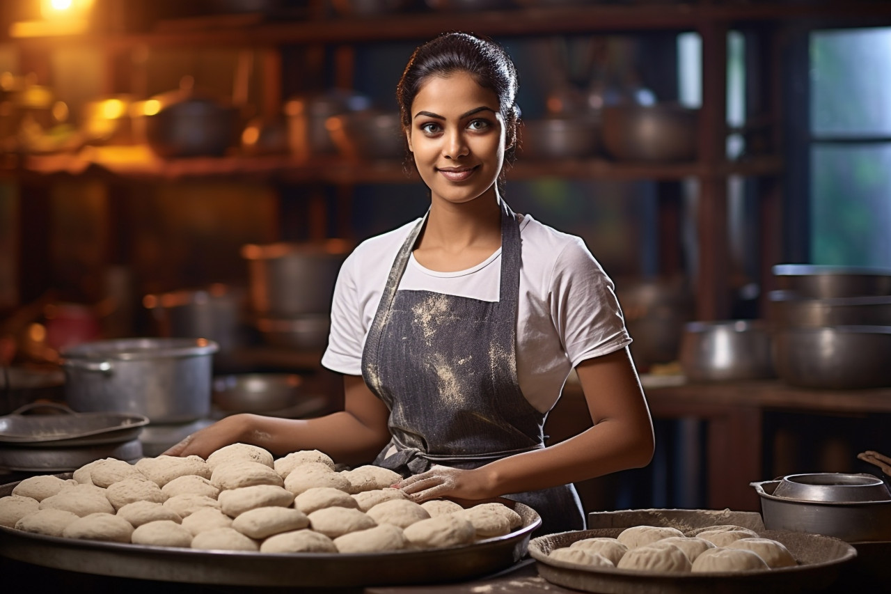 Skilled indian woman baker kneads dough in her kitchen a blurred background