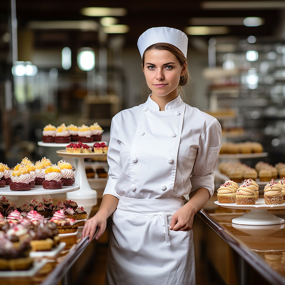 Skilled female baker creating culinary delights in a bustling kitchen a blurred background