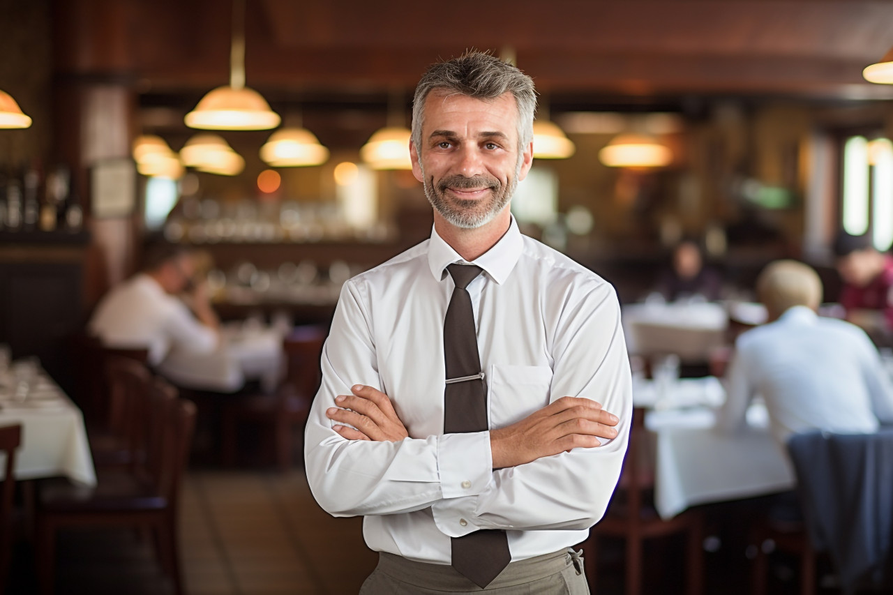 Assured restaurant manager overseeing operations in a bustling environment  a blurred background