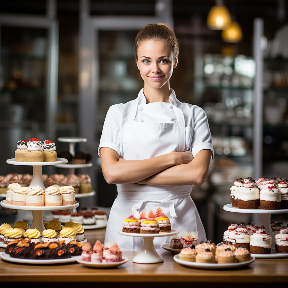 Skilled female baker creating culinary delights in a professional kitchen a blurred background