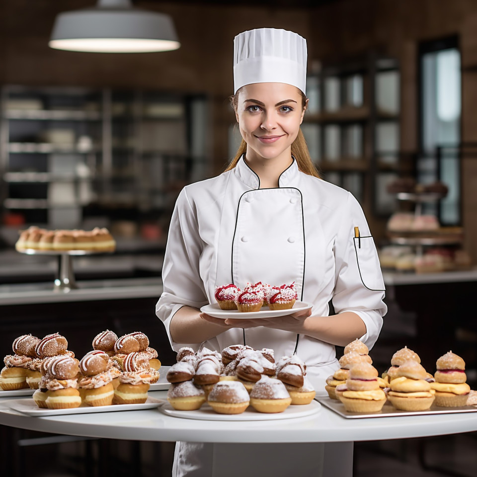 Skilled female baker creating culinary delights in a professional kitchen a blurred background