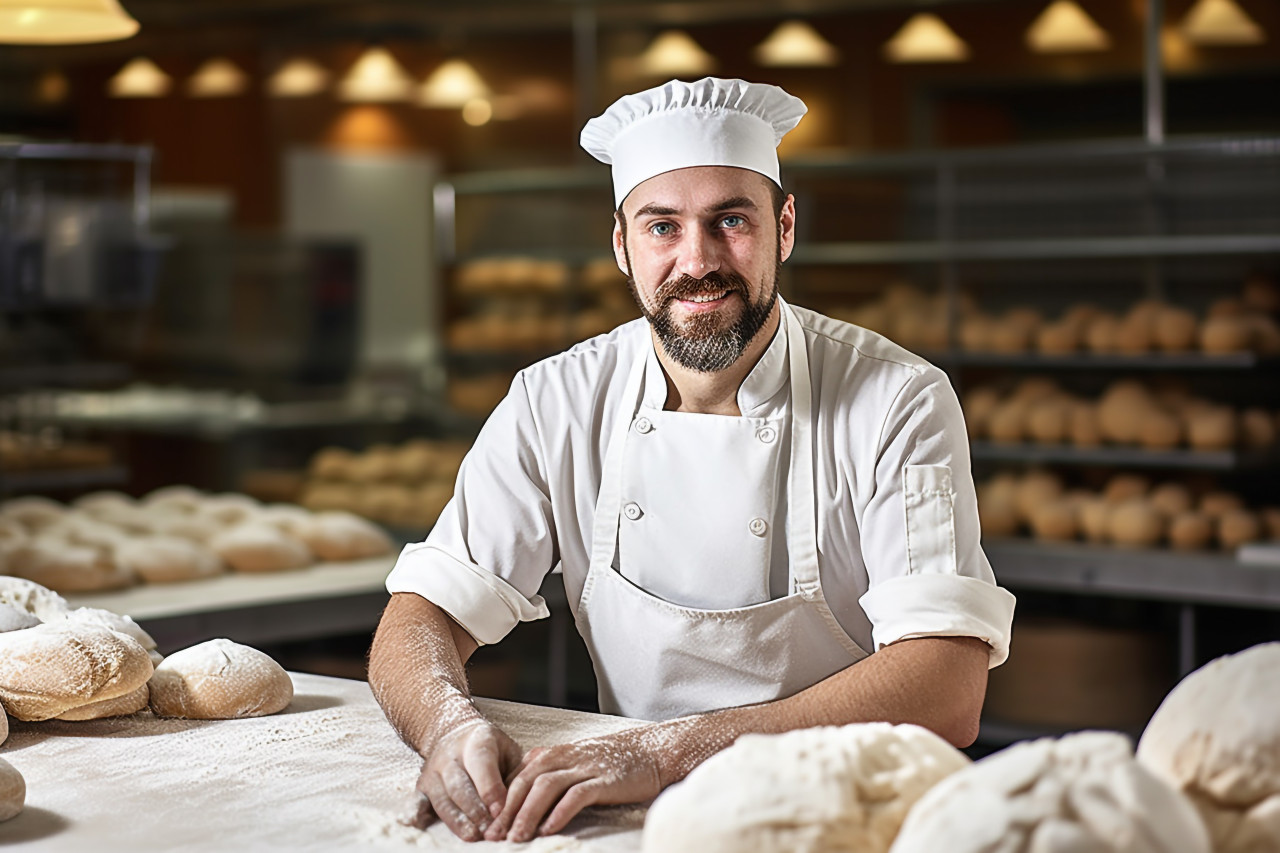 Skilled male baker kneading dough in a busy kitchen a blurred background
