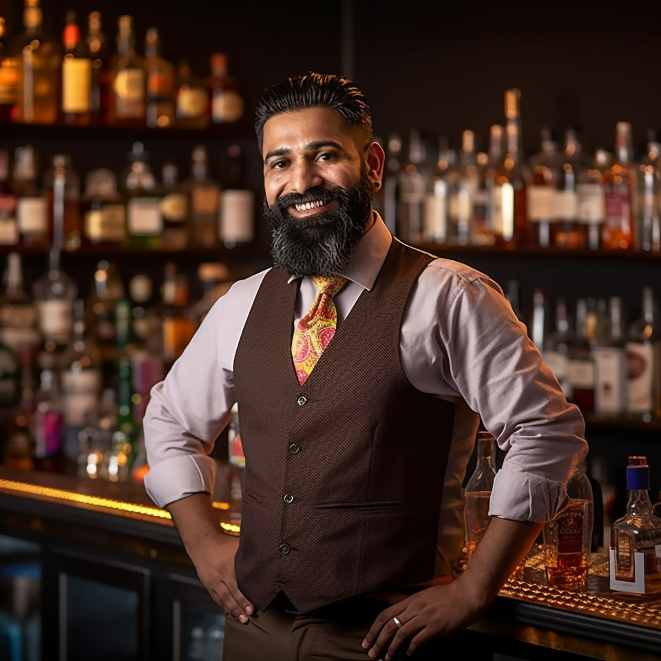 Skilled indian bar manager working confidently a blurred background