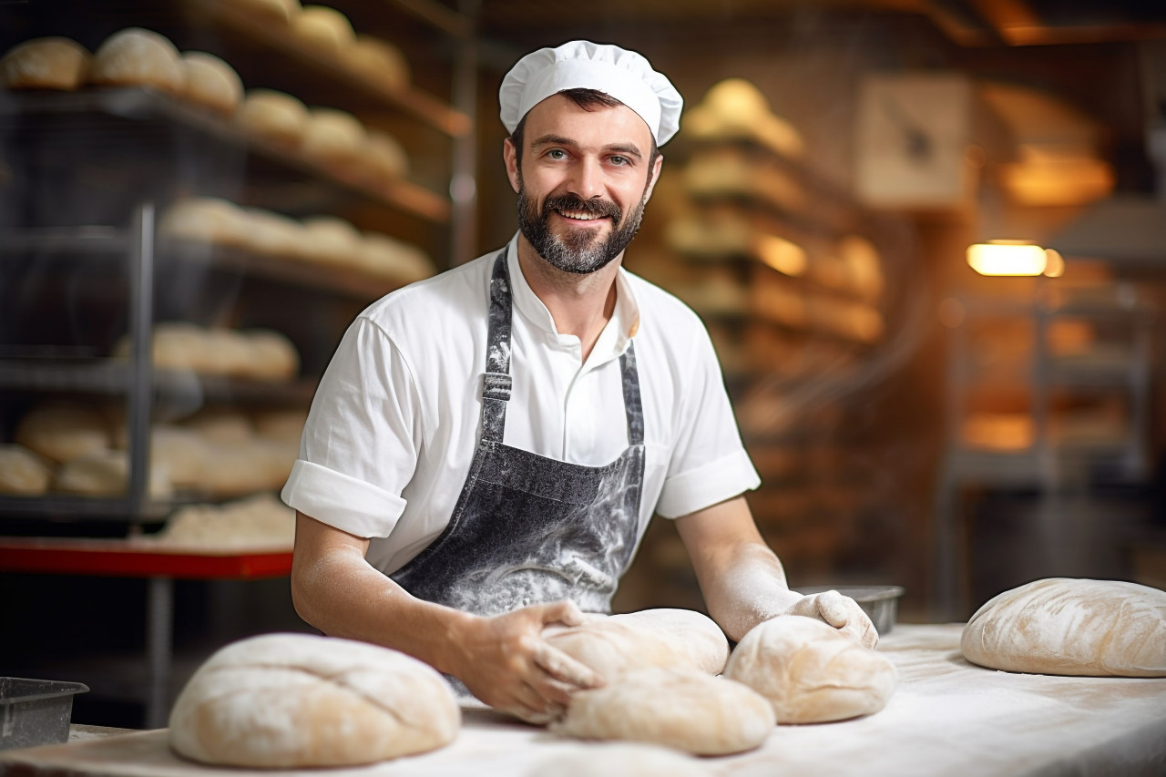 Skilled male baker kneading dough in a busy kitchen a blurred background