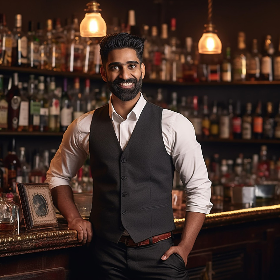 Skilled indian bar manager working confidently a blurred background