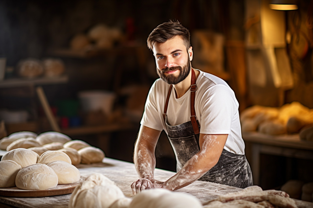 Skilled male baker kneading dough in a busy kitchen a blurred background