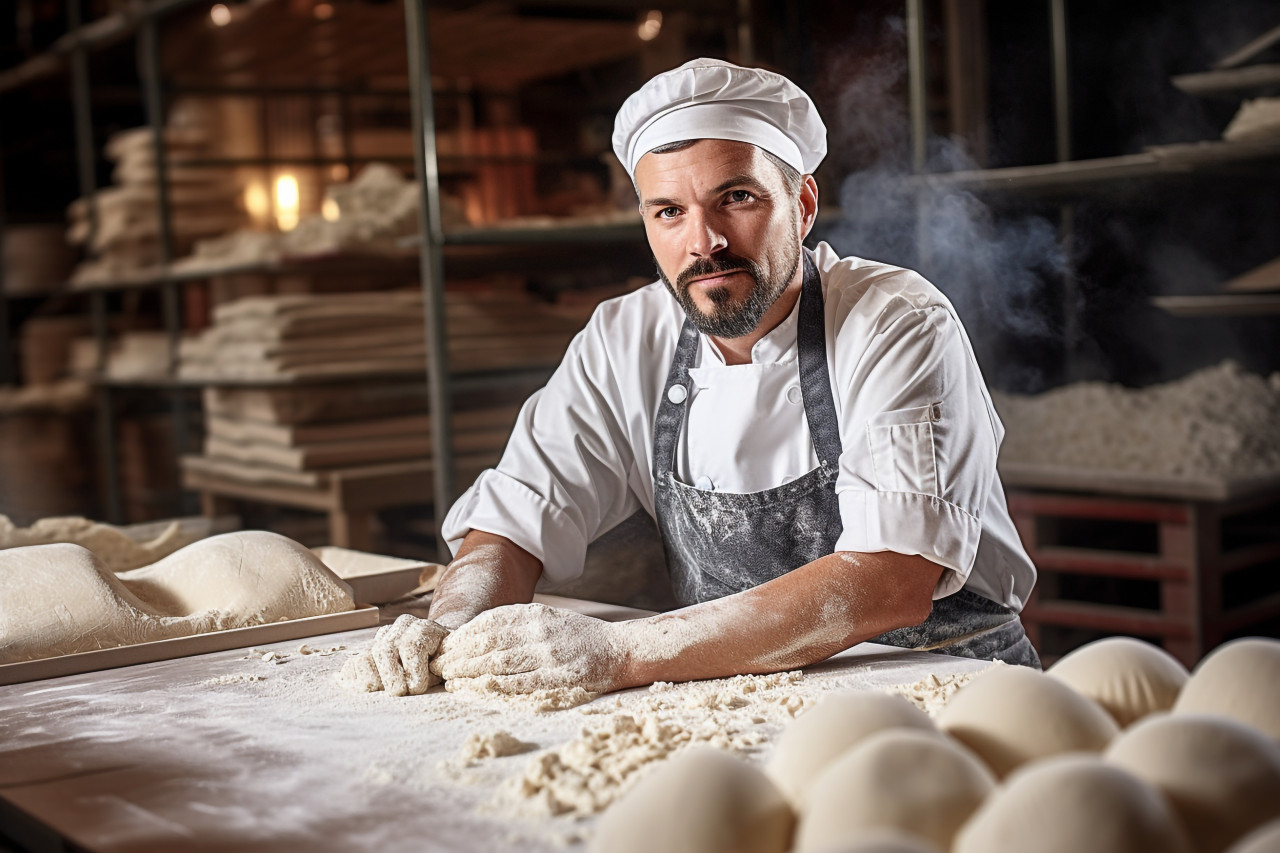 Skilled male baker kneading dough in a busy kitchen a blurred background