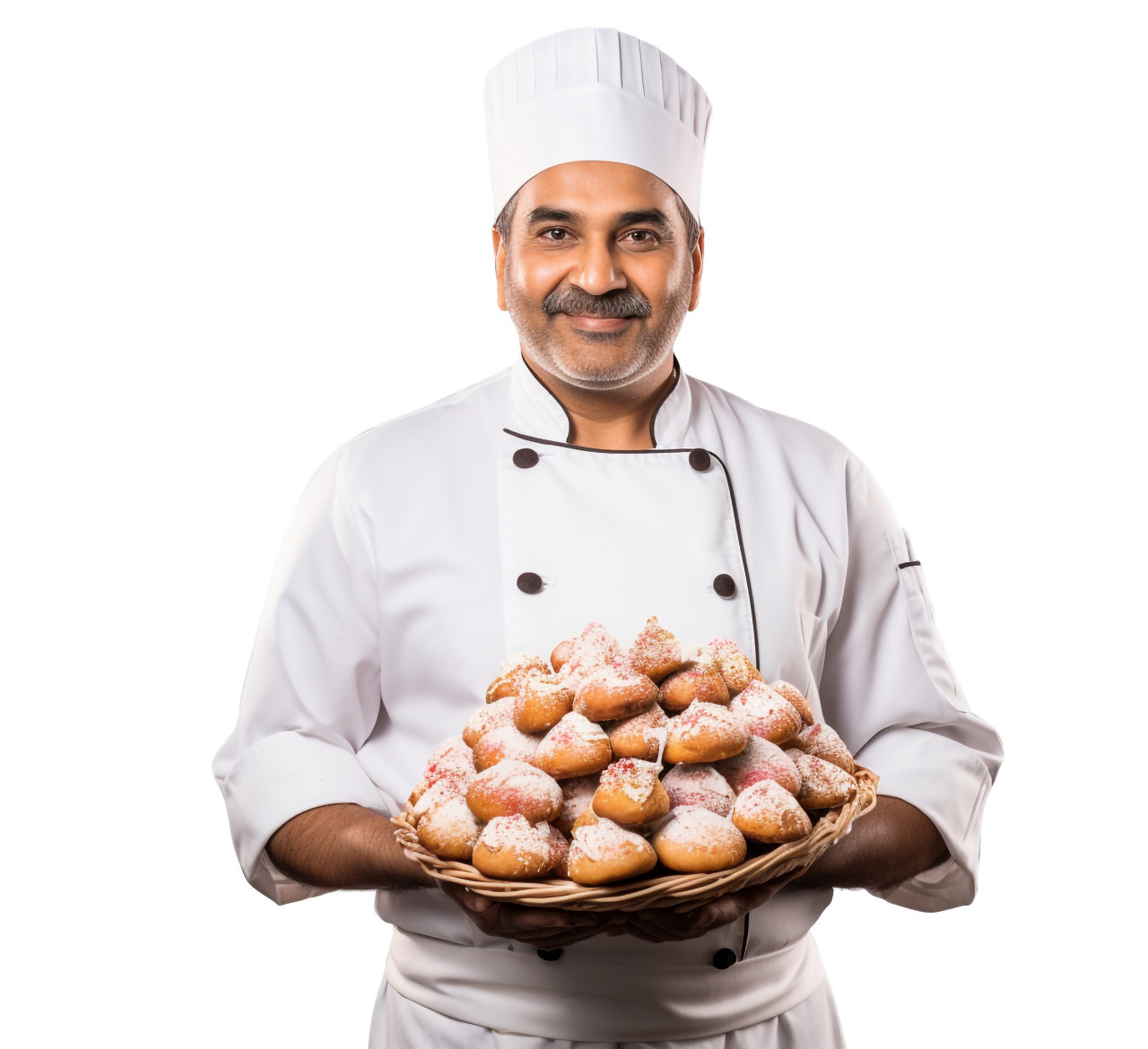 Skilled indian chef prepares delicious pastry on white background