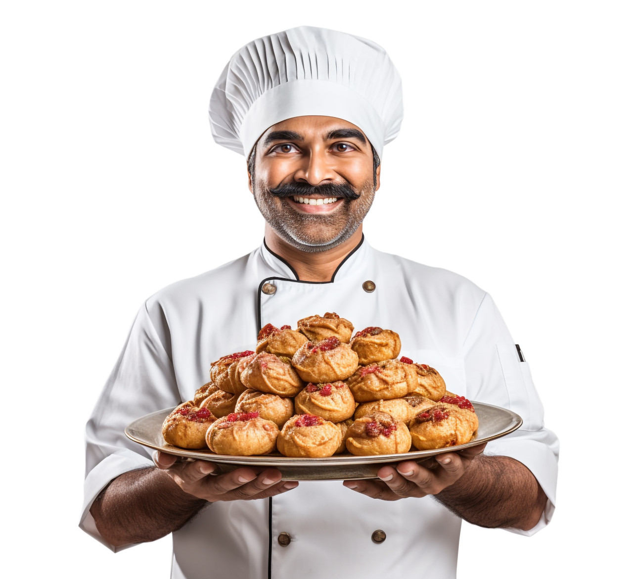 Skilled indian chef prepares delicious pastry on white background