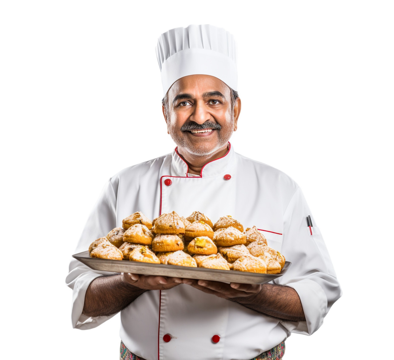 Skilled indian chef prepares delicious pastry on white background