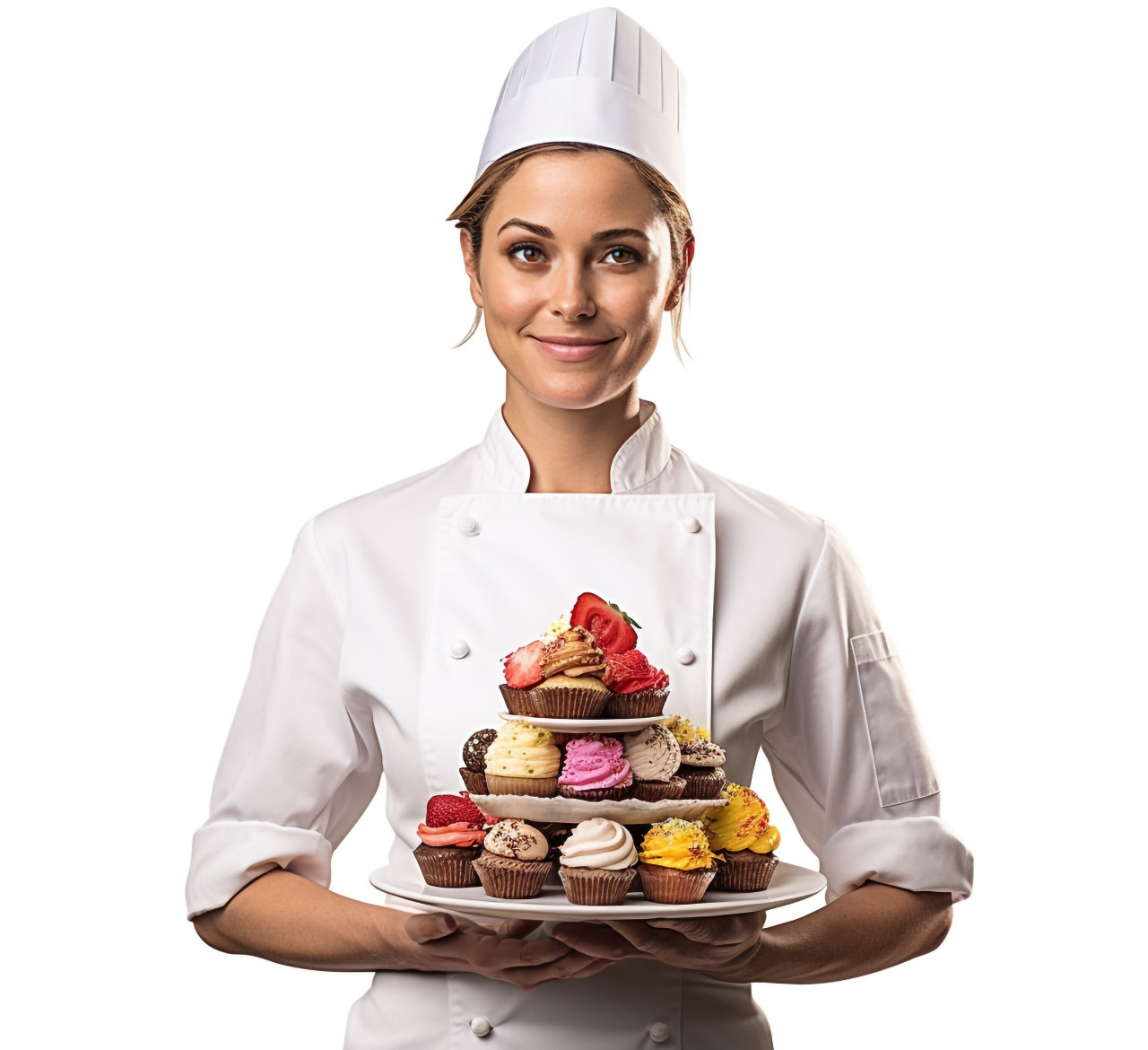Skilled female baker posing against a plain white background