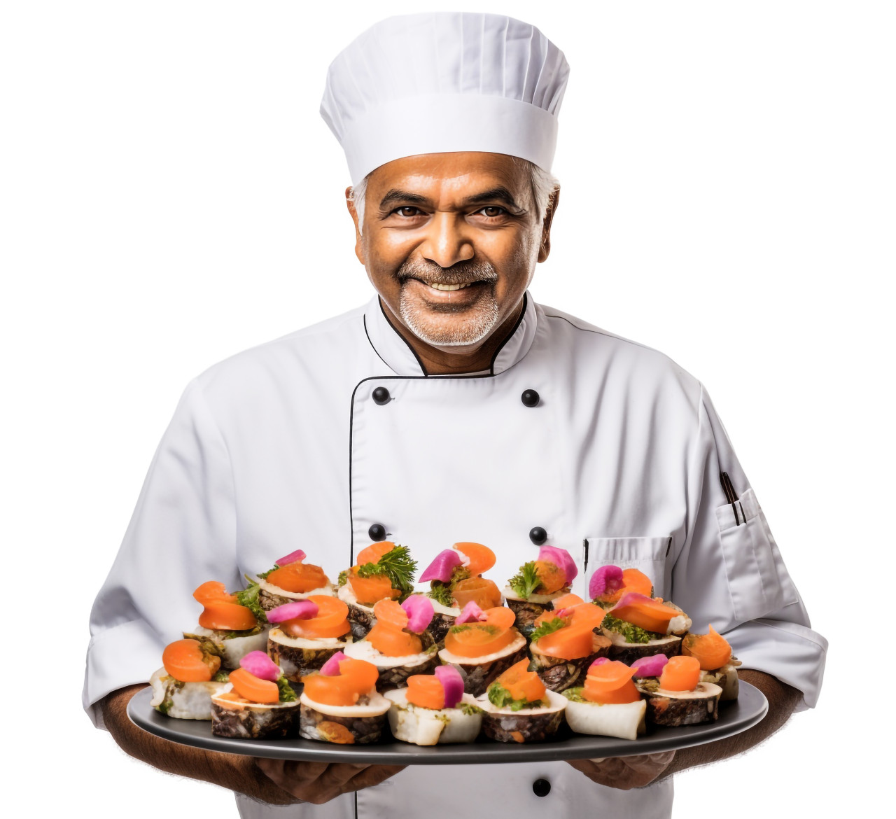 Skilled indian sushi chef posing against a white background