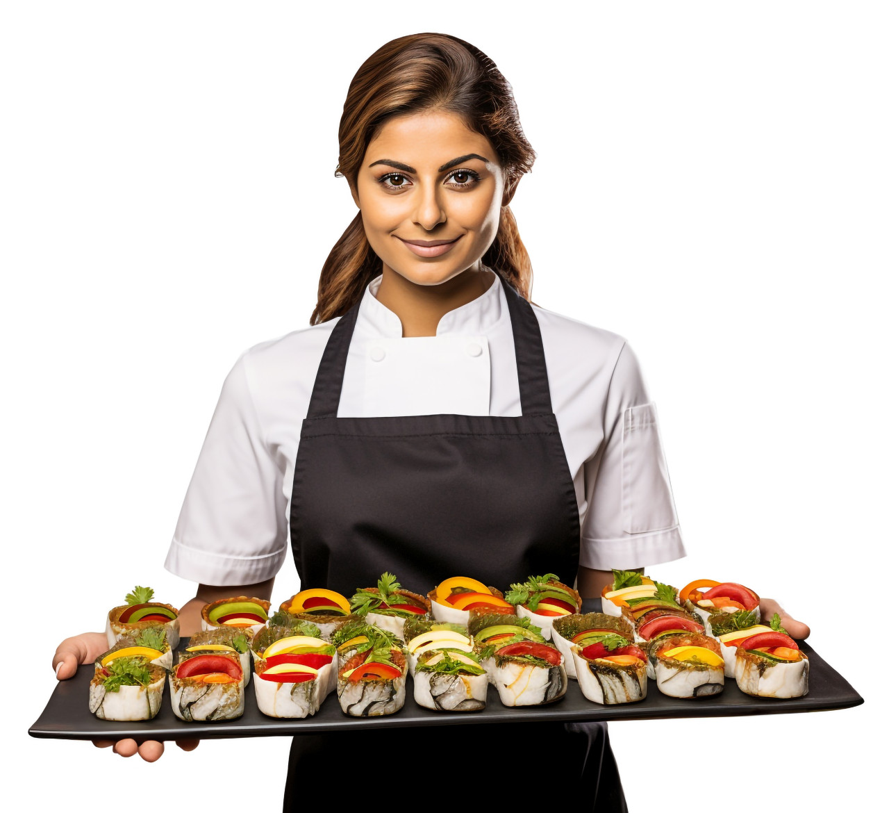 Skilled indian chef prepares delicious sushi rolls a white background