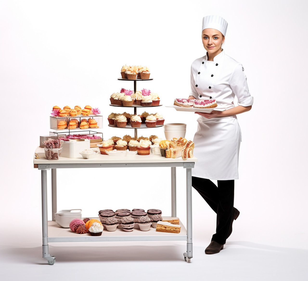 Skilled female baker posing against a plain white background