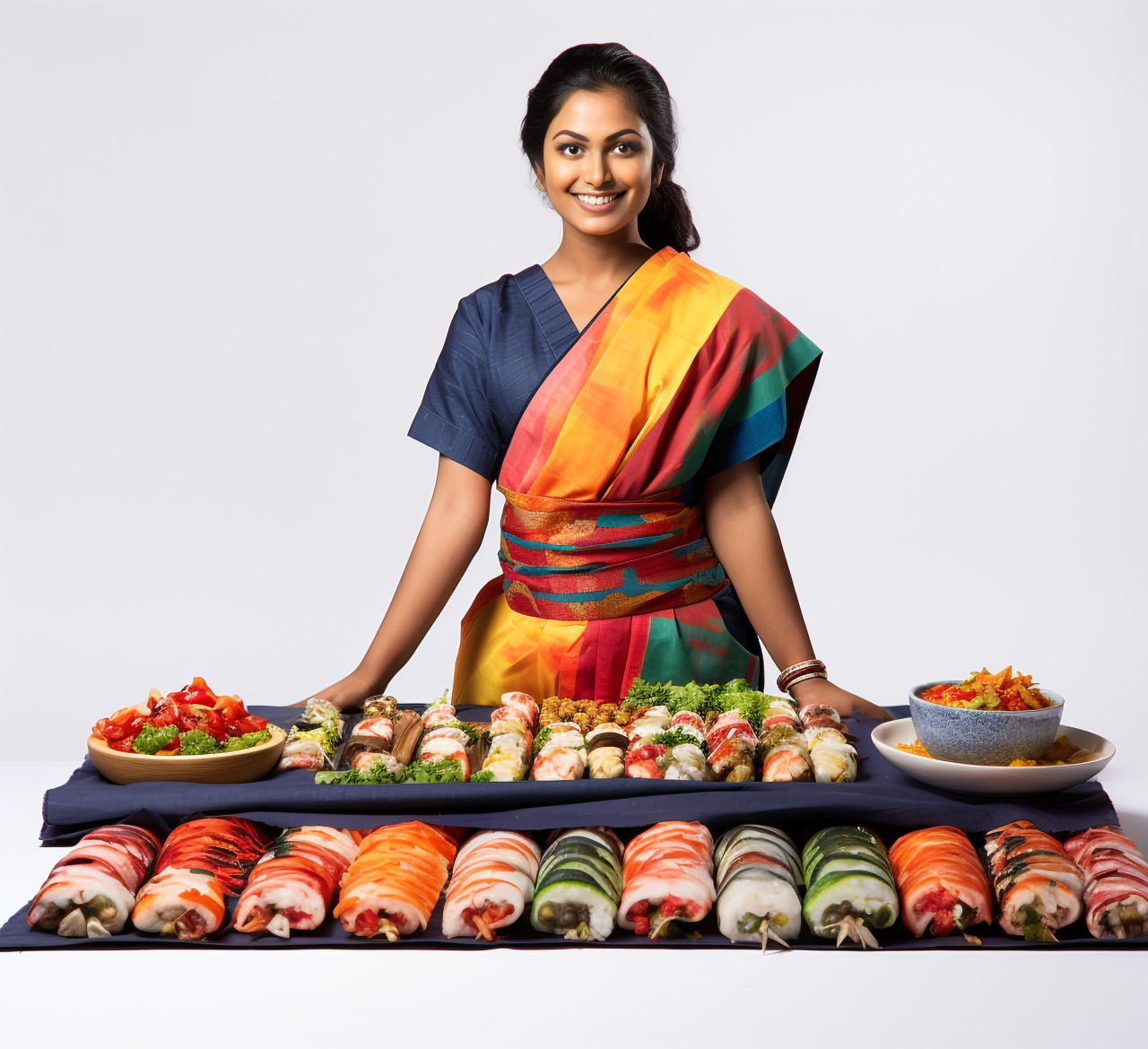 Skilled indian chef prepares delicious sushi rolls a white background