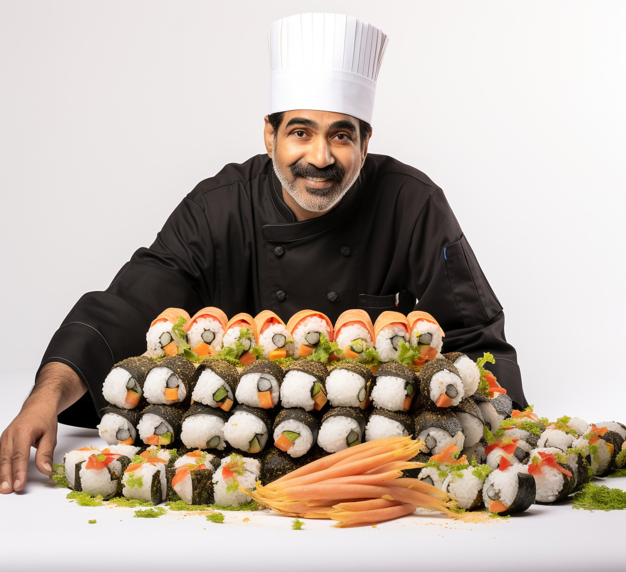Skilled indian sushi chef posing against a white background