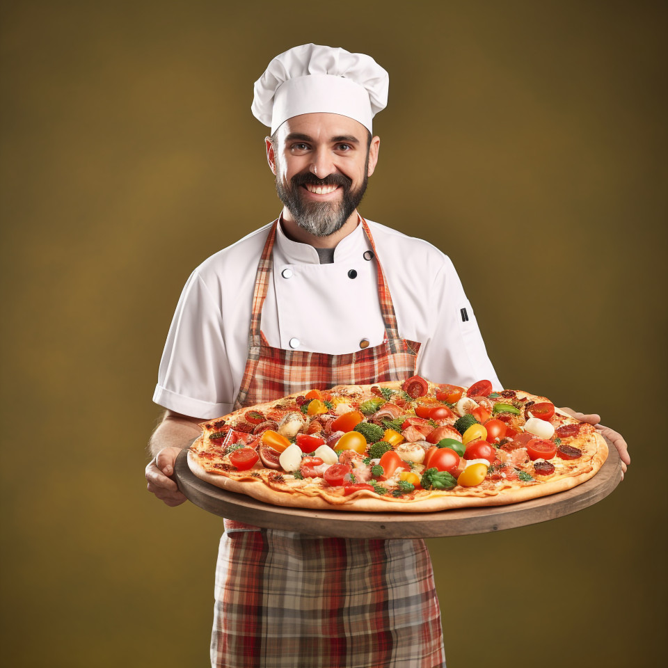 Cheerful pizza chef prepares delicious pizza in bustling kitchen on blurred background