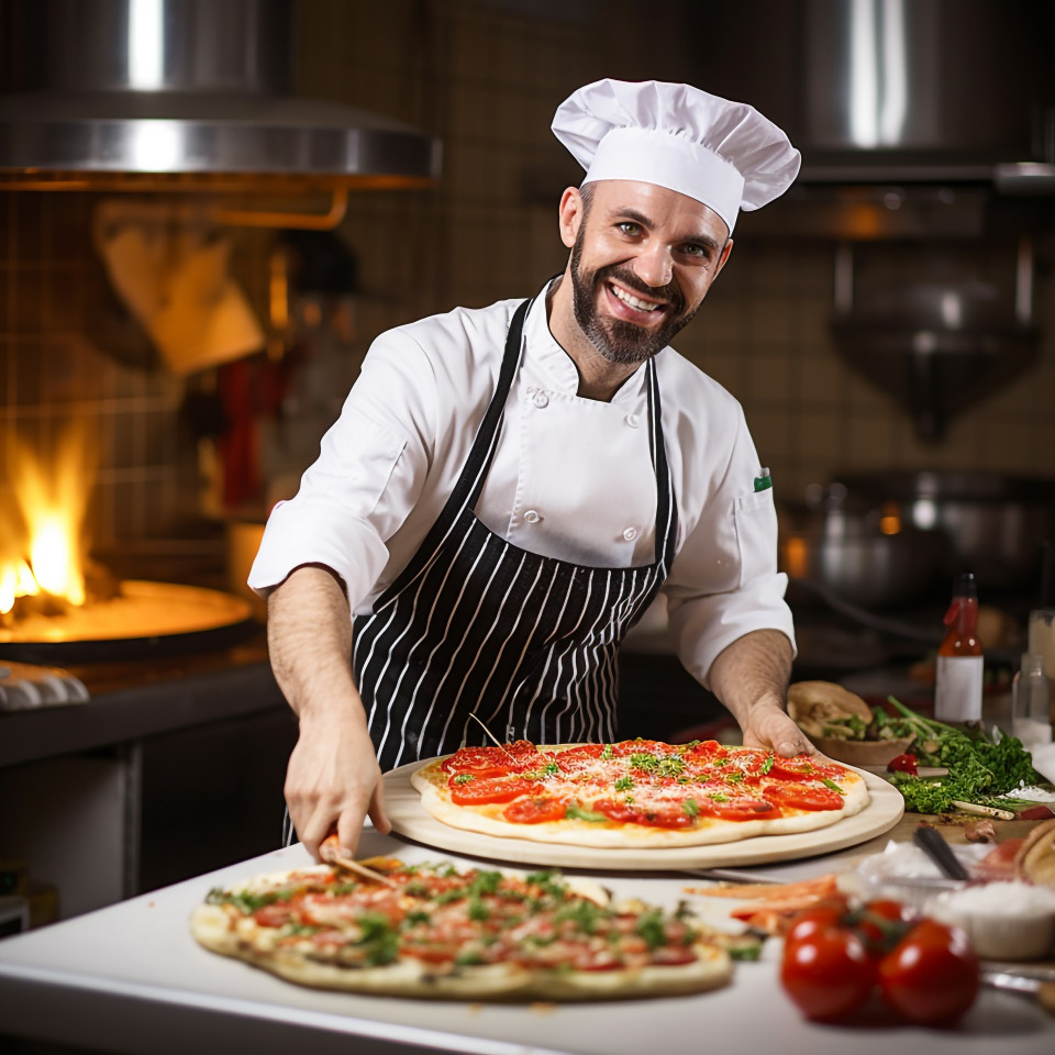 Cheerful pizza chef prepares delicious pizza in bustling kitchen on blurred background