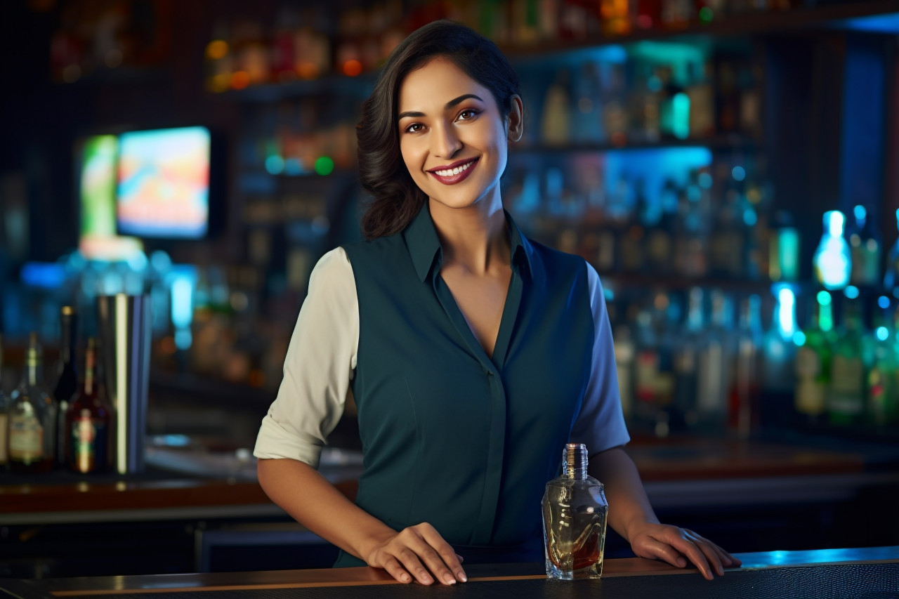 Cheerful indian woman bar manager serving customers with a smile on blurred background