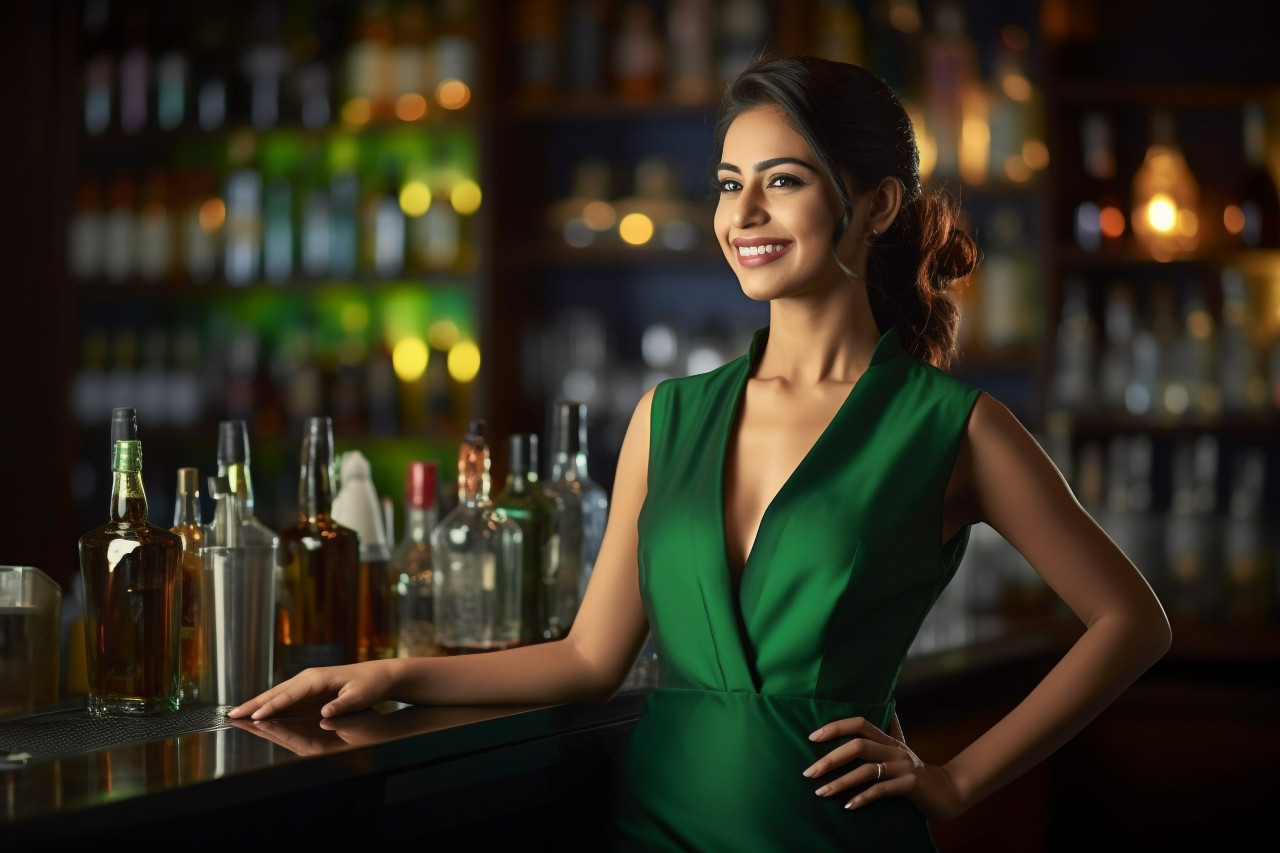Cheerful indian woman bar manager serving customers with a smile on blurred background