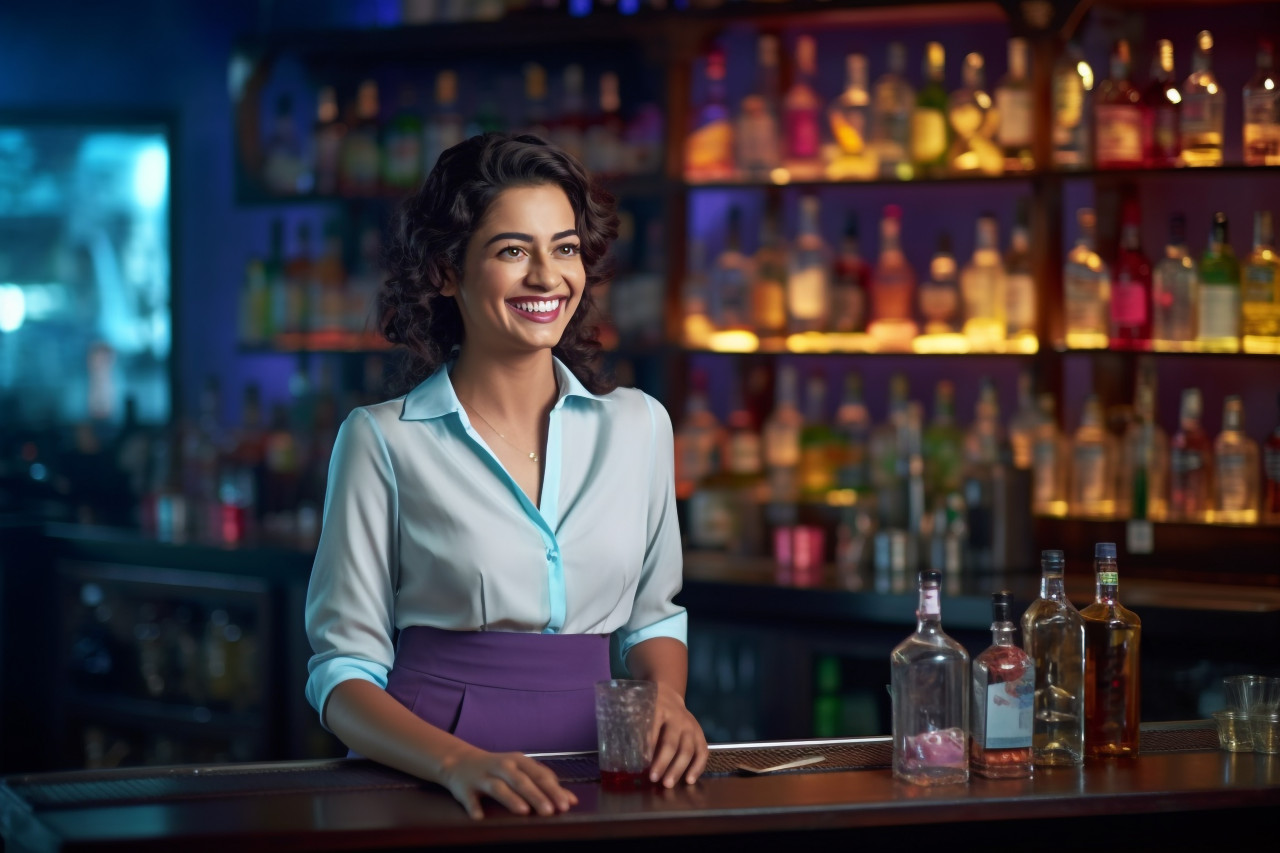 Cheerful indian woman bar manager serving customers with a smile on blurred background