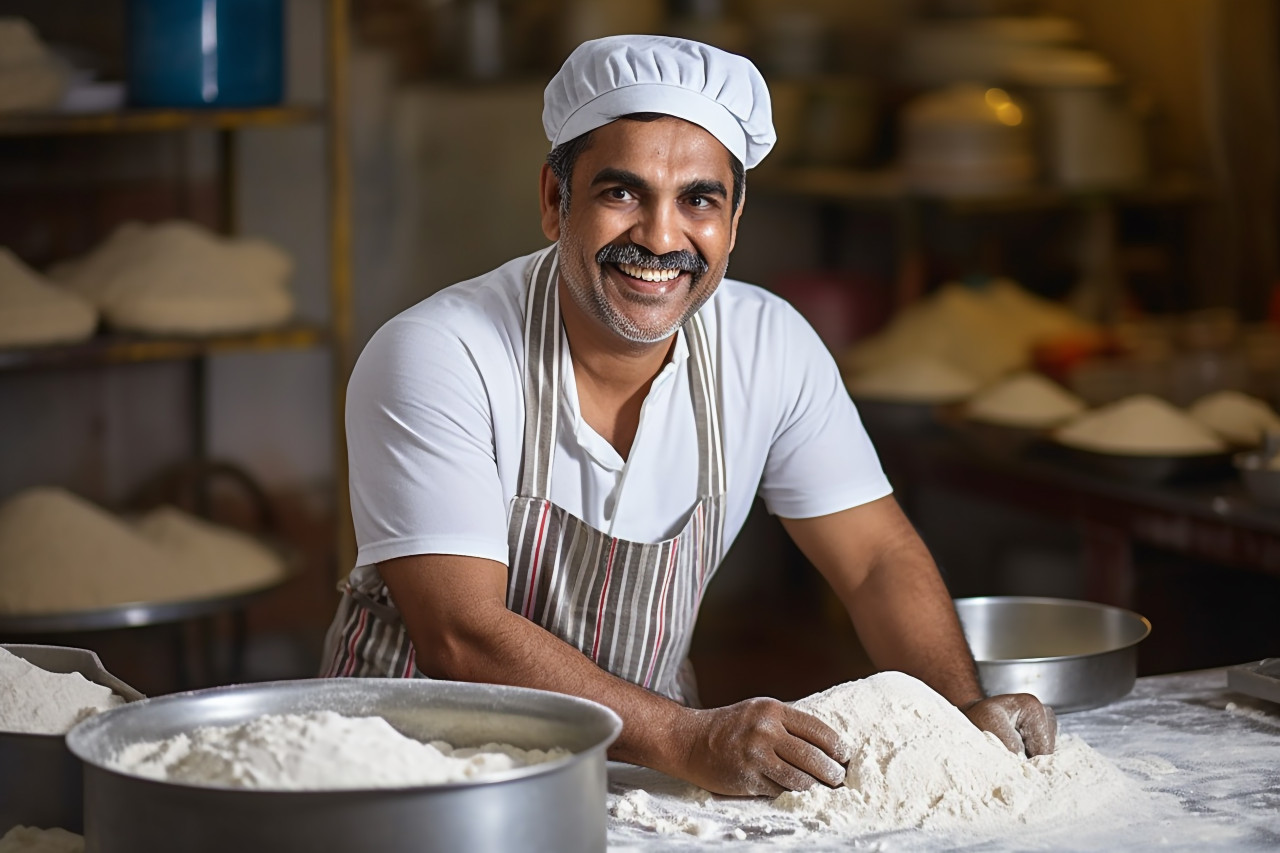 Happy indian baker kneading dough in kitchen on blurred background