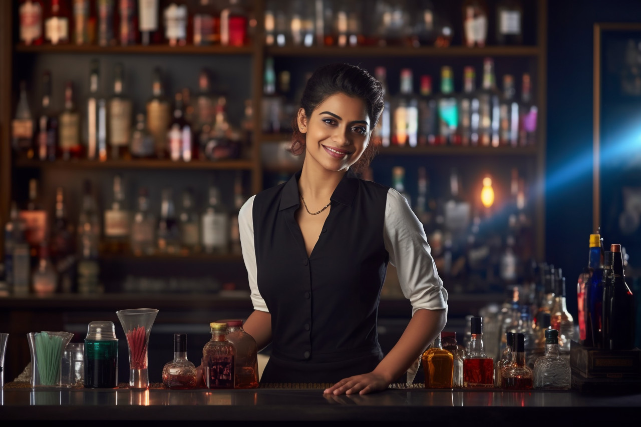Cheerful indian woman bar manager serving customers with a smile on blurred background