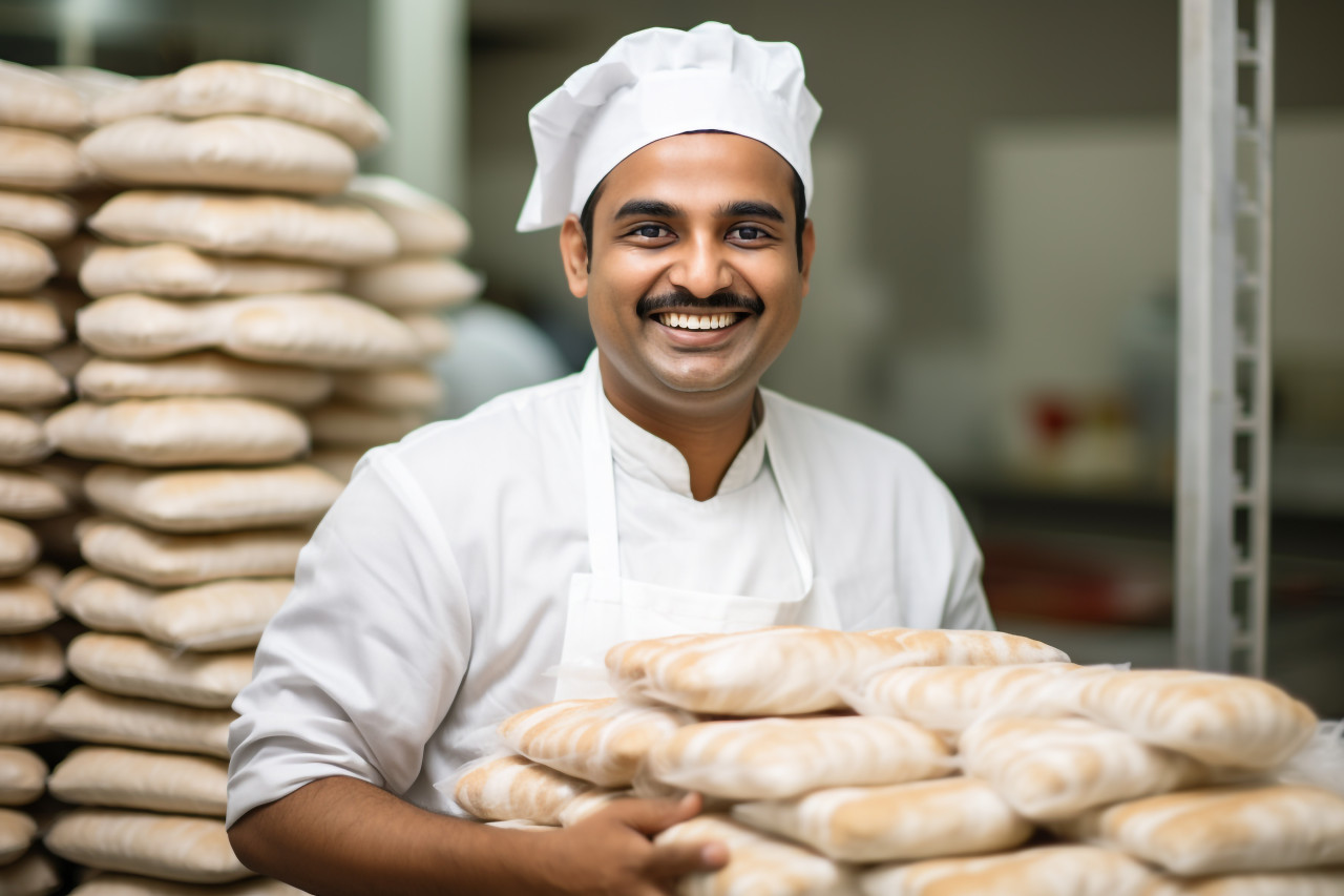 Happy indian baker kneading dough in kitchen on blurred background