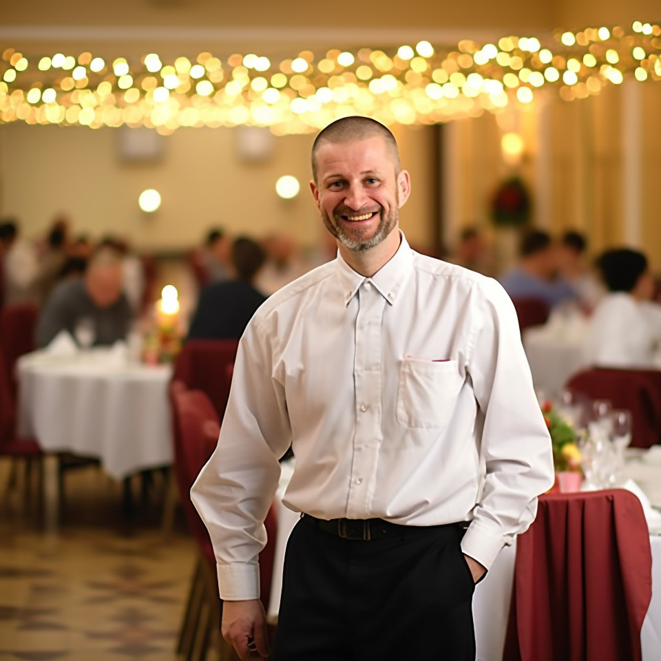 Cheerful banquet manager with a welcoming smile on blurred background