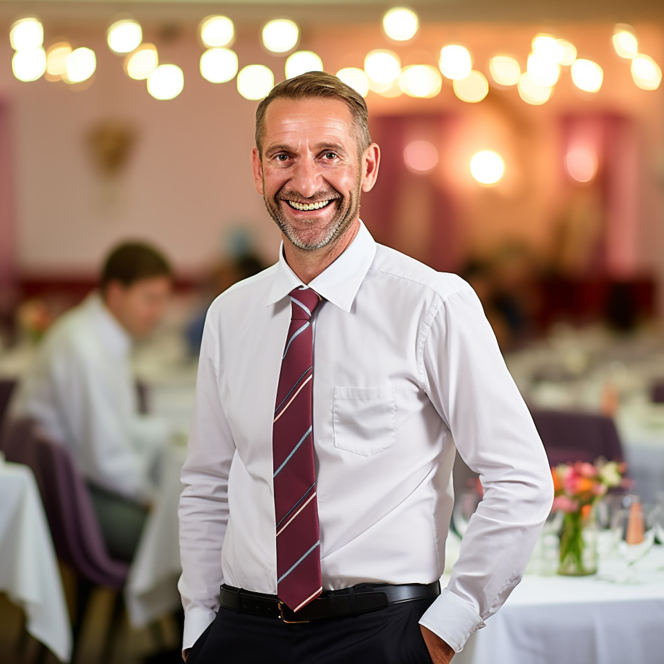Cheerful banquet manager with a welcoming smile on blurred background