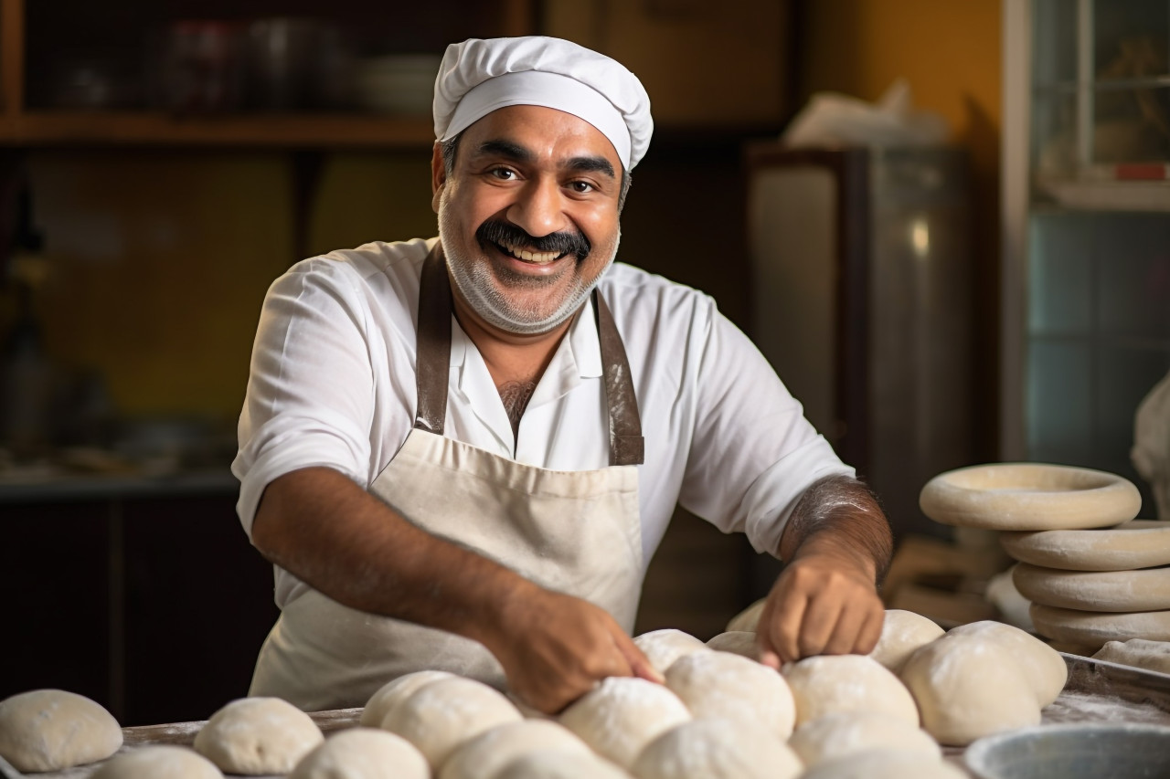 Happy indian baker kneading dough in kitchen on blurred background