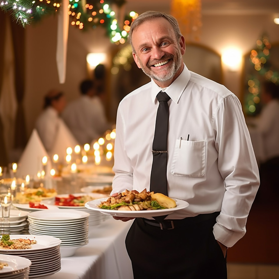 Cheerful banquet manager with a welcoming smile on blurred background