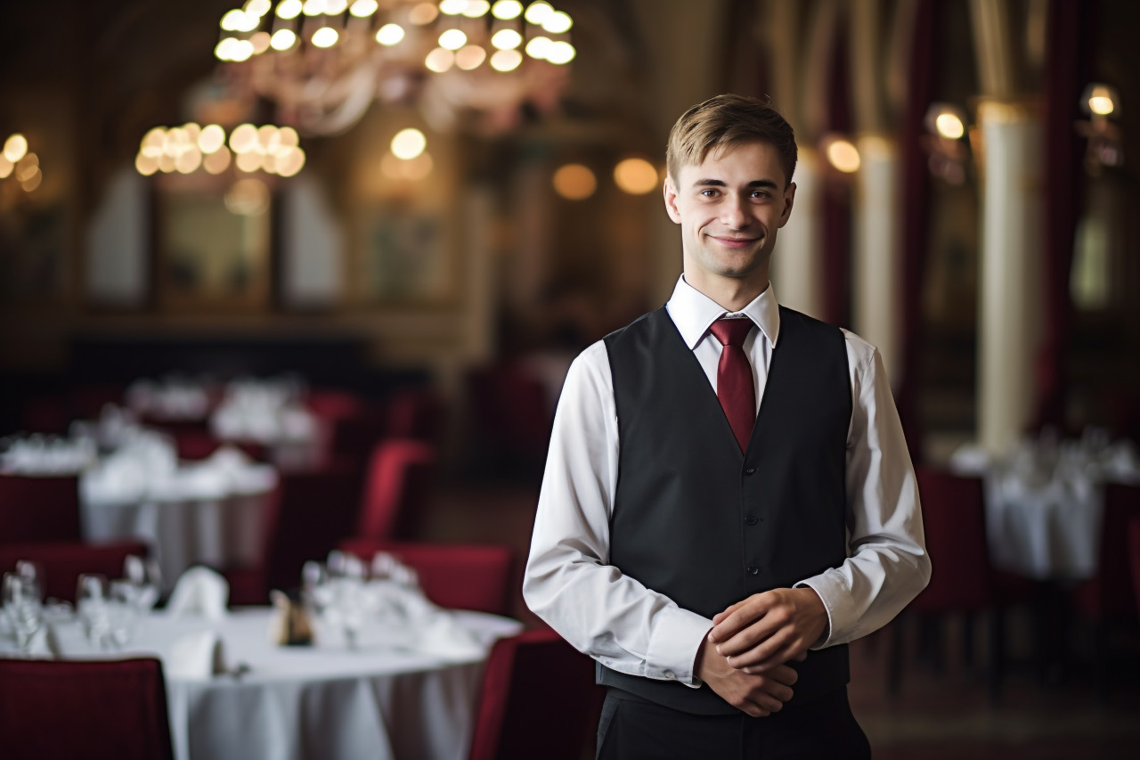 Cheerful banquet manager with a welcoming smile on blurred background