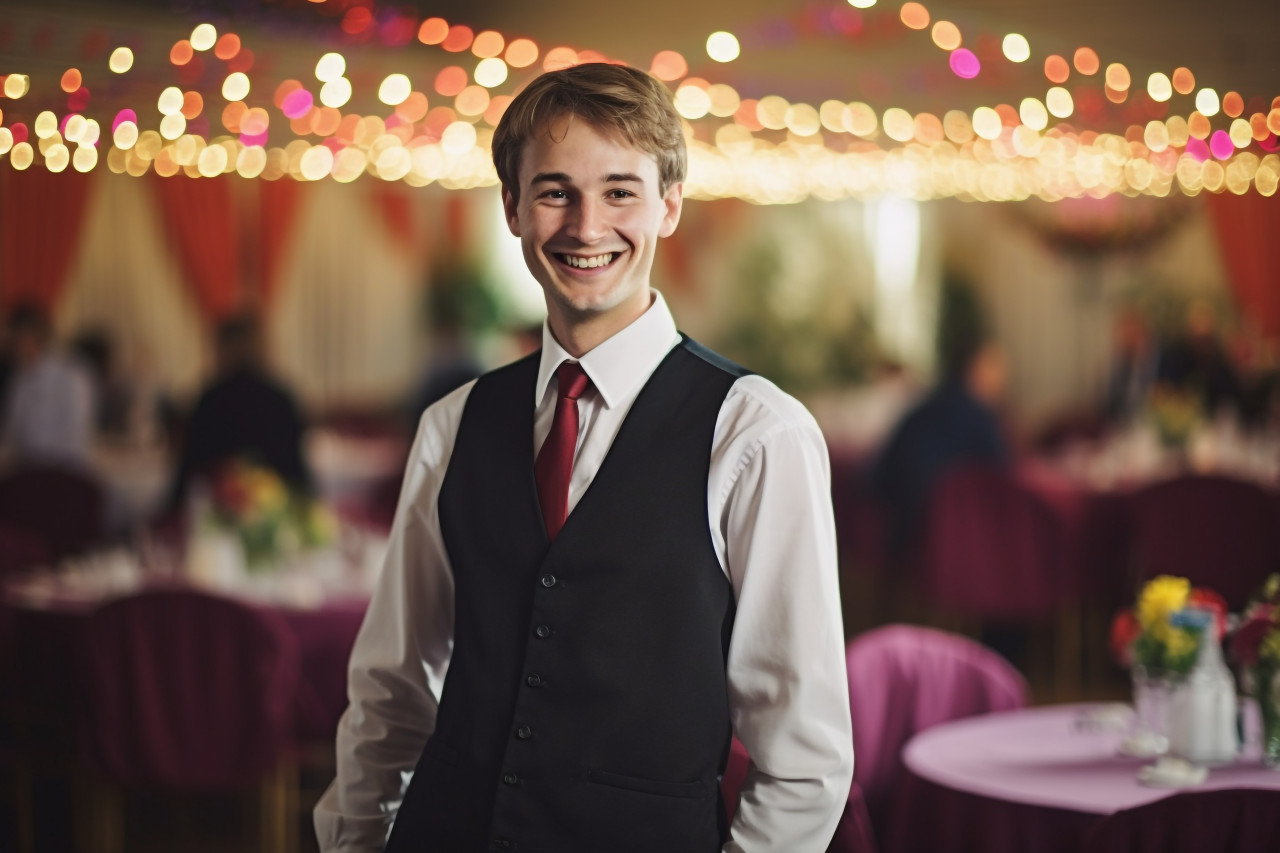 Cheerful banquet manager with a welcoming smile on blurred background
