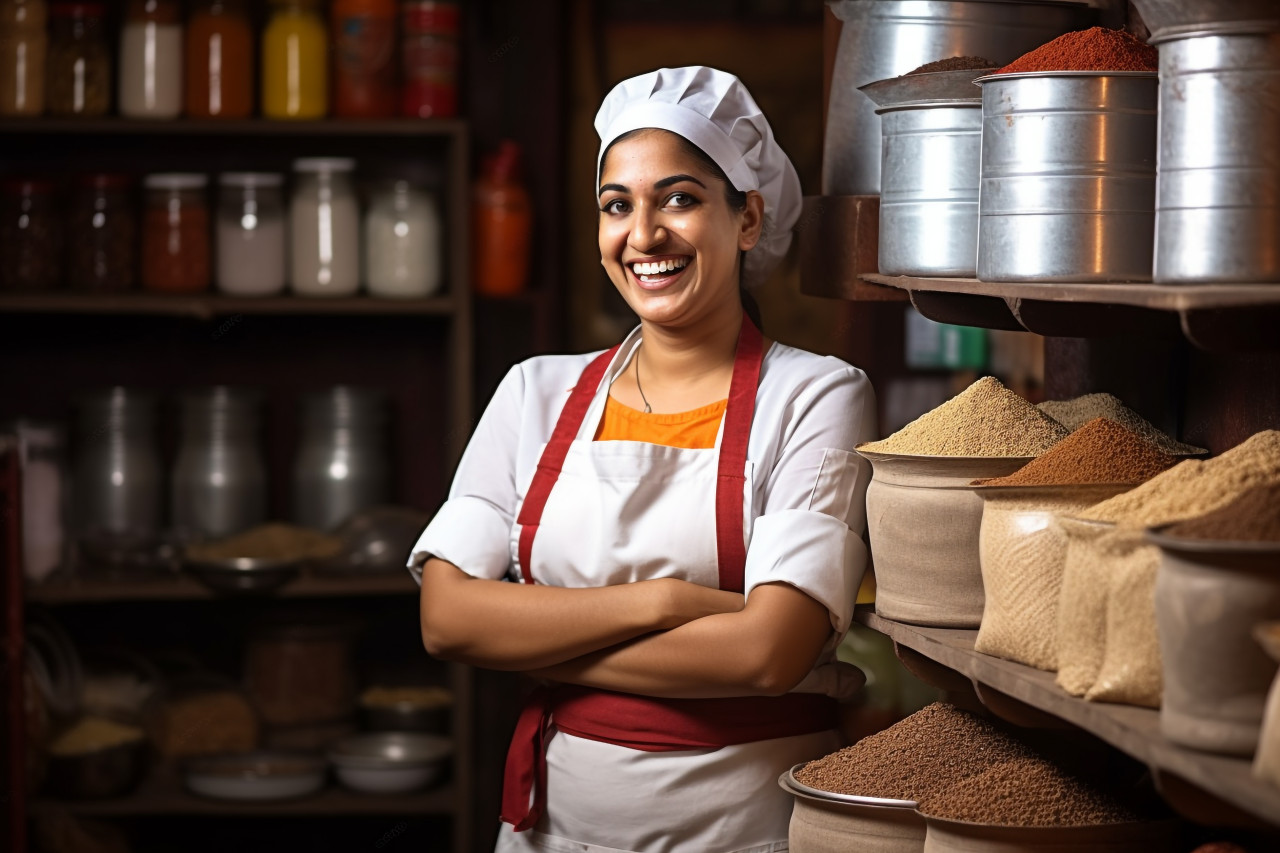 Happy indian female chef preparing food in kitchen on blurred background