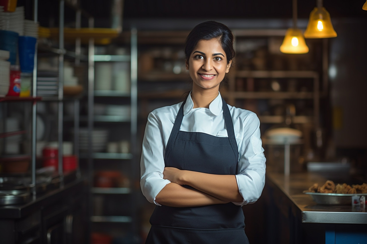 Smiling indian woman restaurant manager working on blurred background