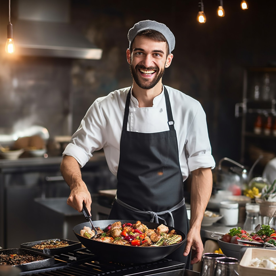 Cheerful chef with a welcoming smile on blurred background