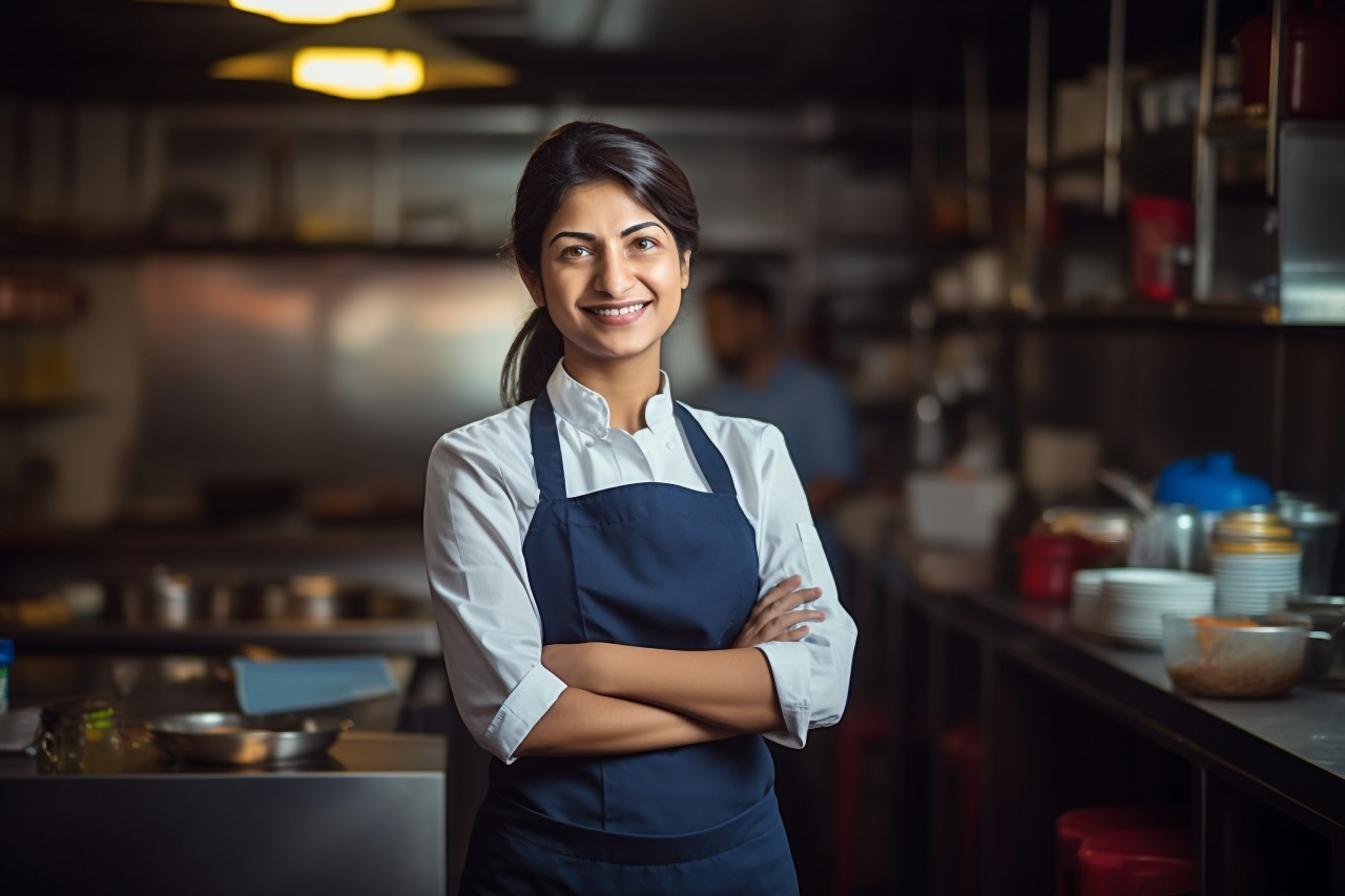 Smiling indian woman restaurant manager working on blurred background