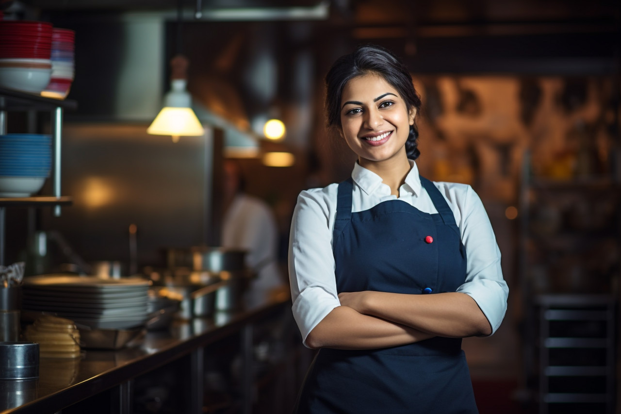 Smiling indian woman restaurant manager working on blurred background