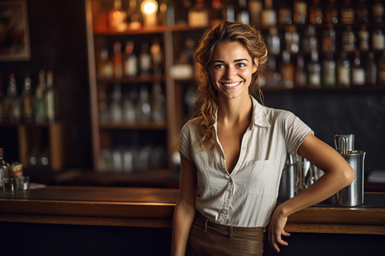 Cheerful female bartender mixing drinks against a blurred background